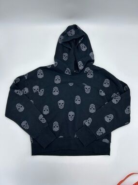 Pink Rose Black Hooded Sweatshirt with Gray Skull Print - Women M